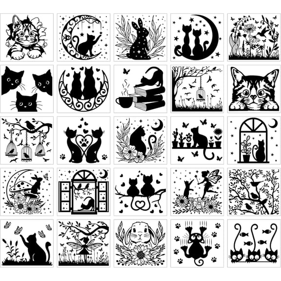 25Pcs Cat Animal Silhouette Mason Jar Decals Stickers Rabbit Flower Fairy Plastic Silhouette Wall Decals Stickers Adhesive Lantern Jar Stickers Window Lamp Decals Glass Art Home Decor