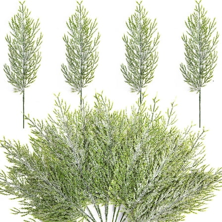 25Pcs Christmas Snow Frosted Pine Branches- 13.5" Snowy Artificial Pine Needles Branches Twigs for Christmas Wreath Home Garden Decoration