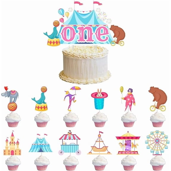 25Pcs Circus Cake Toppers Carnival 1st Birthday Cupcake Toppers Vintage Circus One Cake Topper Tent Cake Decoration Ferris Wheel Elephant Clown for Girls Circus Carnival 1st Birthday Party Supplies