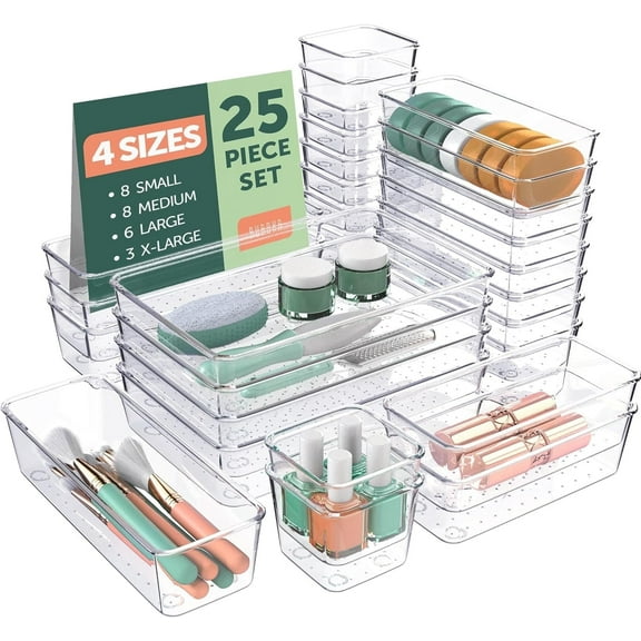 WSNIJFU 25Pcs Clear Plastic Drawer Organizers Bins with Non-Slip Pads for Makeup, Vanity, Bathroom, Kitchen Gadgets Utensils 4-Size Bathroom Drawer Organizer Trays