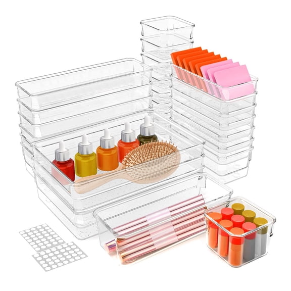 NewHome Clear Plastic 4 Sizes Stackable 25 Dividers Desk Drawer Organizers Storage Bins for Vanity Bathroom Office Kitchen Bedroom, Clear, 25 Count