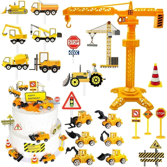 25Pcs Construction Cake Topper, Excavator Tower Cupcake Topper Bulldozer Backhoe Traffic Road Sign Cake Decor Vehicles Decorations Construction Birthday Party Supplies