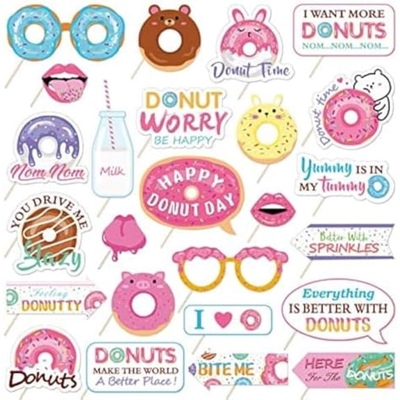 25Pcs Donut Time Photo Booth Props with Stick, Doughnut Sprinkle Theme Selfie Props, Donut Day Birthday Party Supplies, Photography Backdrop Decorations for Girls$$Home Decor, Kitchen, & Other