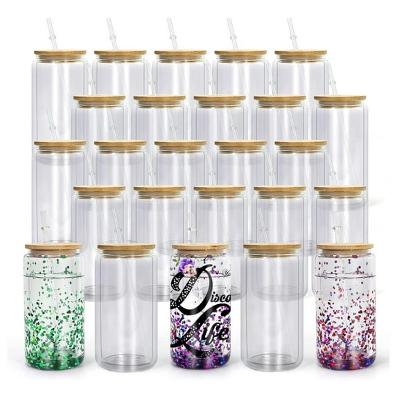25Pcs Double Wall Glass 16 OZ Sublimation Glass Blanks with Bamboo Lid & Straw Pre Drilled Borosilicate Glass Cups Beer Can for Snow Globe Glitter