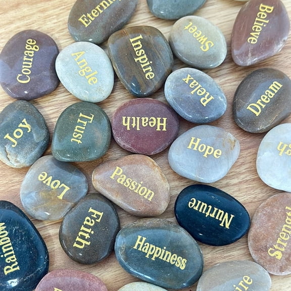 25Pcs Engraved Stones with Inspirational Words, Natural River Worry Stones Bulk for Adults, Polished Rocks with Positive Messages, Motivational Prayer Stones Gift