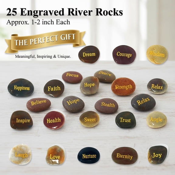 25Pcs Engraved Stones with Inspirational Words, Natural River Worry Stones Bulk for Adults, Polished Rocks with Positive Messages, Motivational Prayer Stones Gift