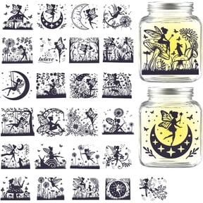 25Pcs Fairy Silhouette Mason Jar Decals Stickers Flower Moon Plastic Silhouette Wall Decals Stickers Adhesive Lantern Jar Stickers Window Lamp Decals Glass Art Mural Home Decor