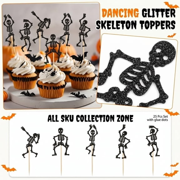 25Pcs Glitter Black Skeleton Cupcake Toppers Human Dance Skeleton Cupcake Picks for Halloween Party Decorations Horror Halloween Boys Girls Goth Birthday Wedding Cupcake Decorations