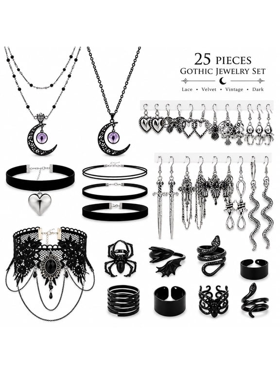 25Pcs Gothic Jewelry Set for Women, Grunge Y2K Punk Accessories, Lace Choker, Moon Necklaces, Goth Earrings Adjustable Rings for Halloween Cosplay Concert Daily Dark Aesthetic Outfits
