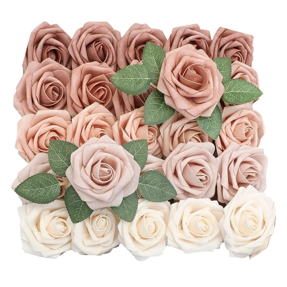 25Pcs Gradient Caramel Terracotta Foam Roses Artificial Flowers with Stems, Ombre Fake Rose Bouquet Box for Autumn Wedding Table Decor