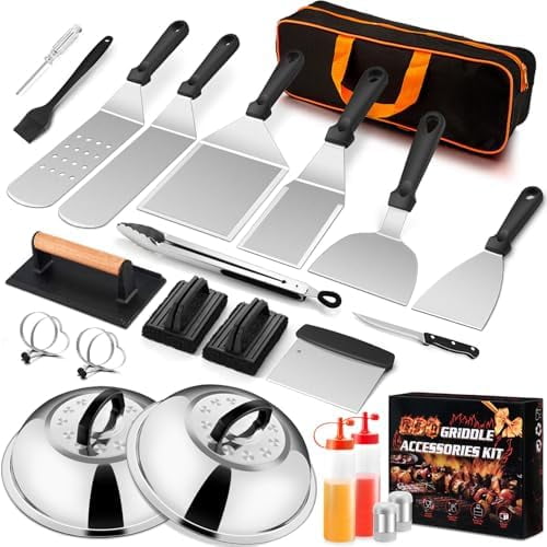 25Pcs Griddle Accessories Kit for Blackstone, Stainless Steel Flat Top Grilling Spatula Accessory Tools Set with Smash Burger Press Basting Covers for Outdoor BBQ Teppanyaki Hibachi Cooking