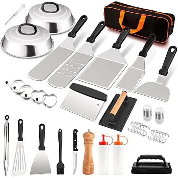 25Pcs Griddle Accessories Kit, Stainless Steel Teppanyak Tools Set with Metal Spatulas, Melting Domes, Burger Press, Great for Flat Top Cooking Camping Outdoor BBQ, Heavy Duty & Easy to Clean