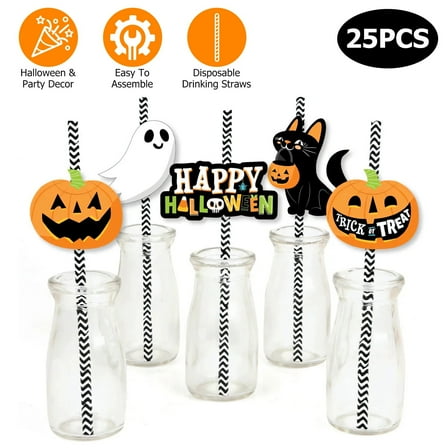 25Pcs Halloween Paper Straws Décor Disposable Party Drinking Straws with Stripe Ghost Pumpkin Trick Or Treat Black Cat Cards