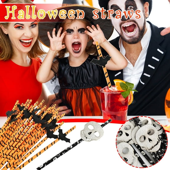 25Pcs Halloween Skull Bat Paper Straws, Halloween Glitter Skull Bat Disposable Straws Dot Pattern Paper Drinking Straws for Halloween Juices Shakes Cocktail