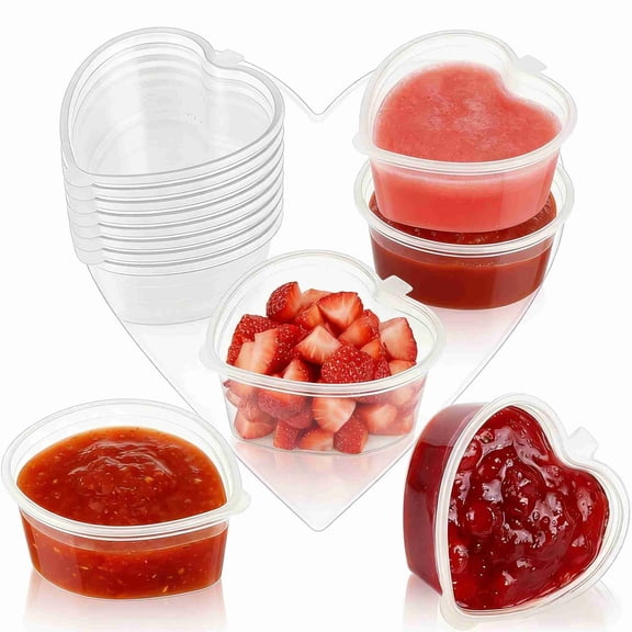 25Pcs Heart Shaped Disposable Sauce Cups with Lids, 1.5oz Reusable Clear Plastic Storage Container Seasoning Portion Dispenser Cup for Mother's Day Party Favour