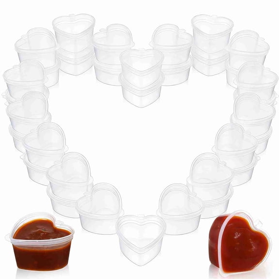 25Pcs Heart Shaped Jello Shot Cups with Lids, 1.5oz Disposable Plastic Storage Containers for Sauce Condiment, Leakproof Small Portion Cup for DIY Slime Liquid Foam Ball Soft Clay