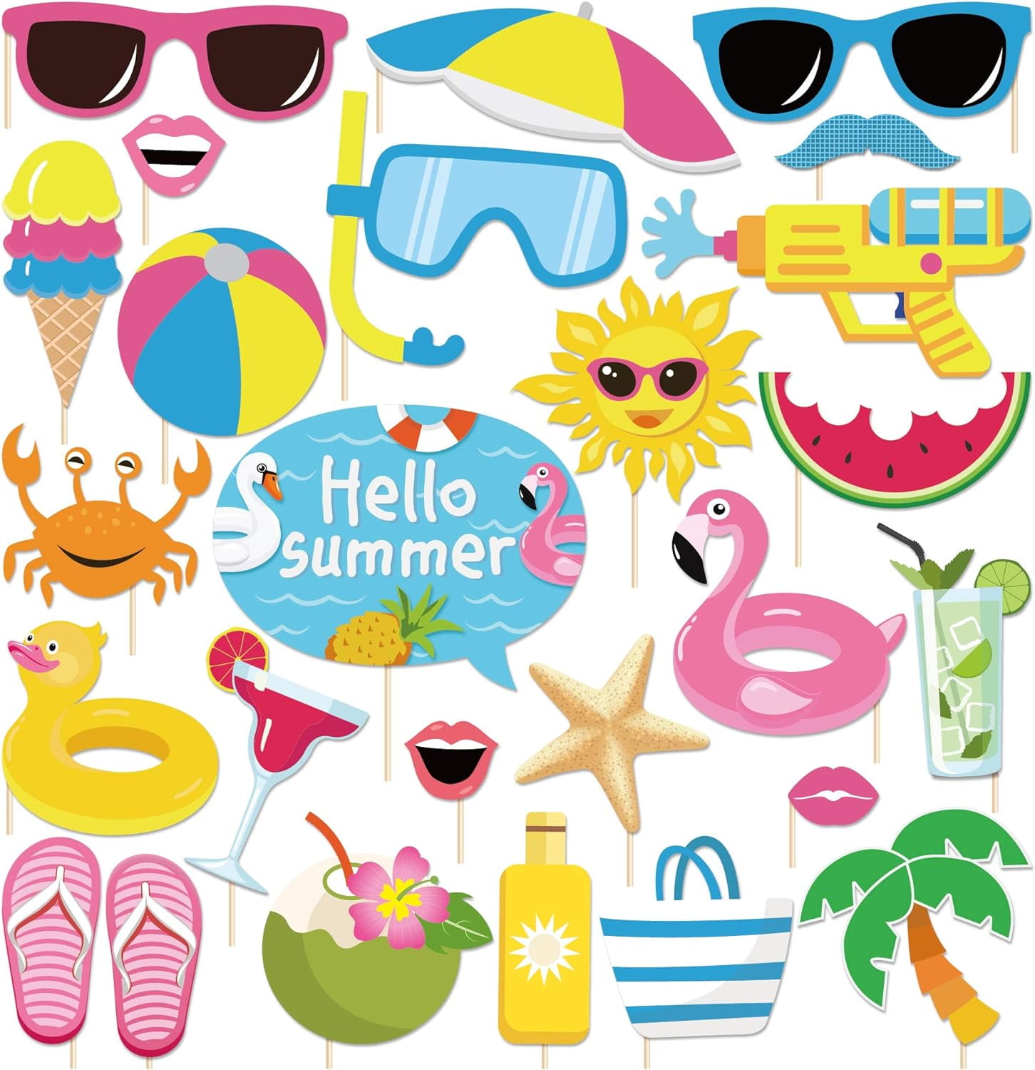 25Pcs Hello Summer Pool Photo Booth Props with Stick, Tropical Beach Vacation Selfie Props, Flamingo Hawaiian Luau Birthday Party Supplies, End of School Theme Backdrop Decorations