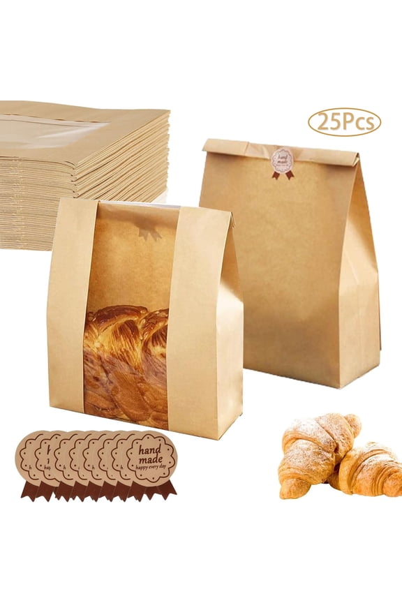 25Pcs Large Bread Bags for Homemade Bread, Sourdough Bread Bags with Clear Window, Kraft Bread Storage for Sourdough Sandwich Bread Bag Packing Storage with Sealing Stickers(13.7''x8.2''x3.5'')