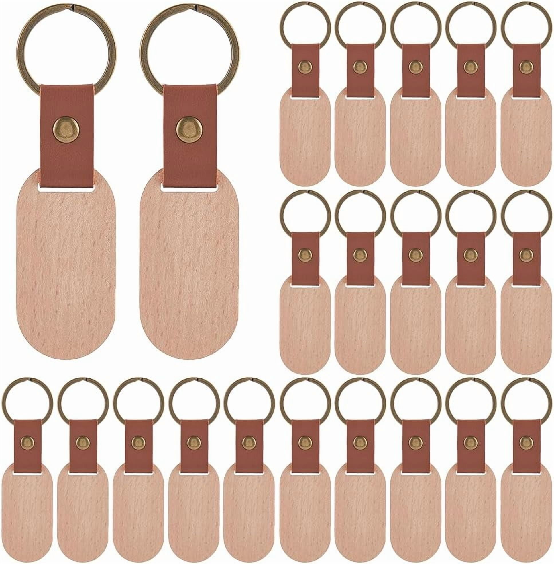 25Pcs Leather Wood Keychains Wood Blank Keychain Bulk Imitation Leather Strap Unfinished Wooden Oval Engraving Pendant Key Chains Tags DIY