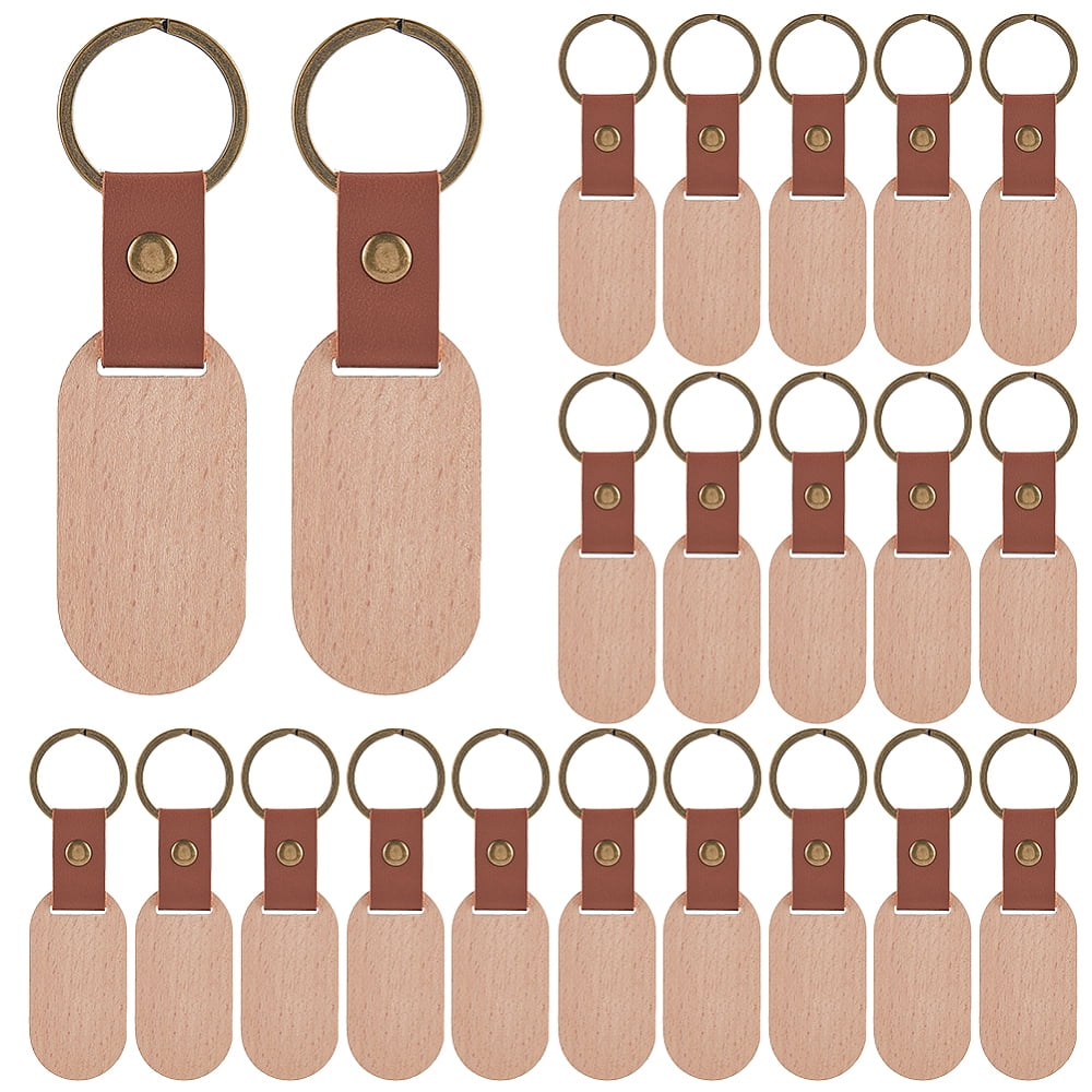 25Pcs Leather Wood Keychains Wood Blank Keychain Bulk Imitation Leather Strap Unfinished Wooden Oval Engraving Pendant Key Chains Tags