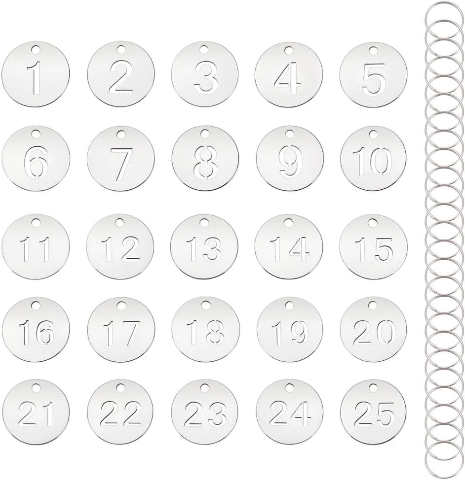 25Pcs Numbered Key Tags Stainless Steel Flat Round Meatl Number Label ...