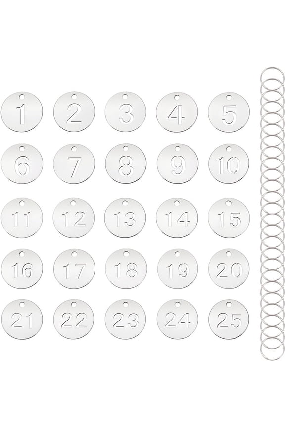 25Pcs Numbered Key Tags Stainless Steel Flat Round Meatl Number Label Tags Number 1~25 Key ID Tag with Rings Item Identifer for Dormitory Room Car Keys House Home Lockers Gray