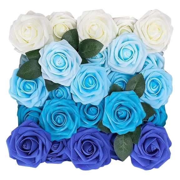 25Pcs Ombre Soft Sky Blue Foam Roses Artificial Flowers with Stems, Light Blue Gradient Fake Rose Box Set for Gender Reveal Party Decor