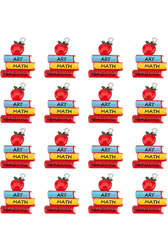 25Pcs Opaque Resin Pendants for Teachers' Day with Platinum Plated Iron Loops Book Charm Colorful 31x25x5mm Hole: 2mm