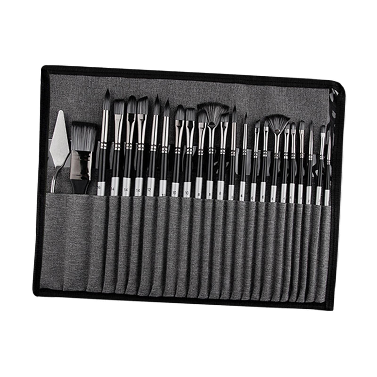 25Pcs Paint Brush Set Painting Brushes Professional Easy Cleaning Wood Handle Smooth Drawing Nylon Hair Paintbrushes with Storage Bag Gray