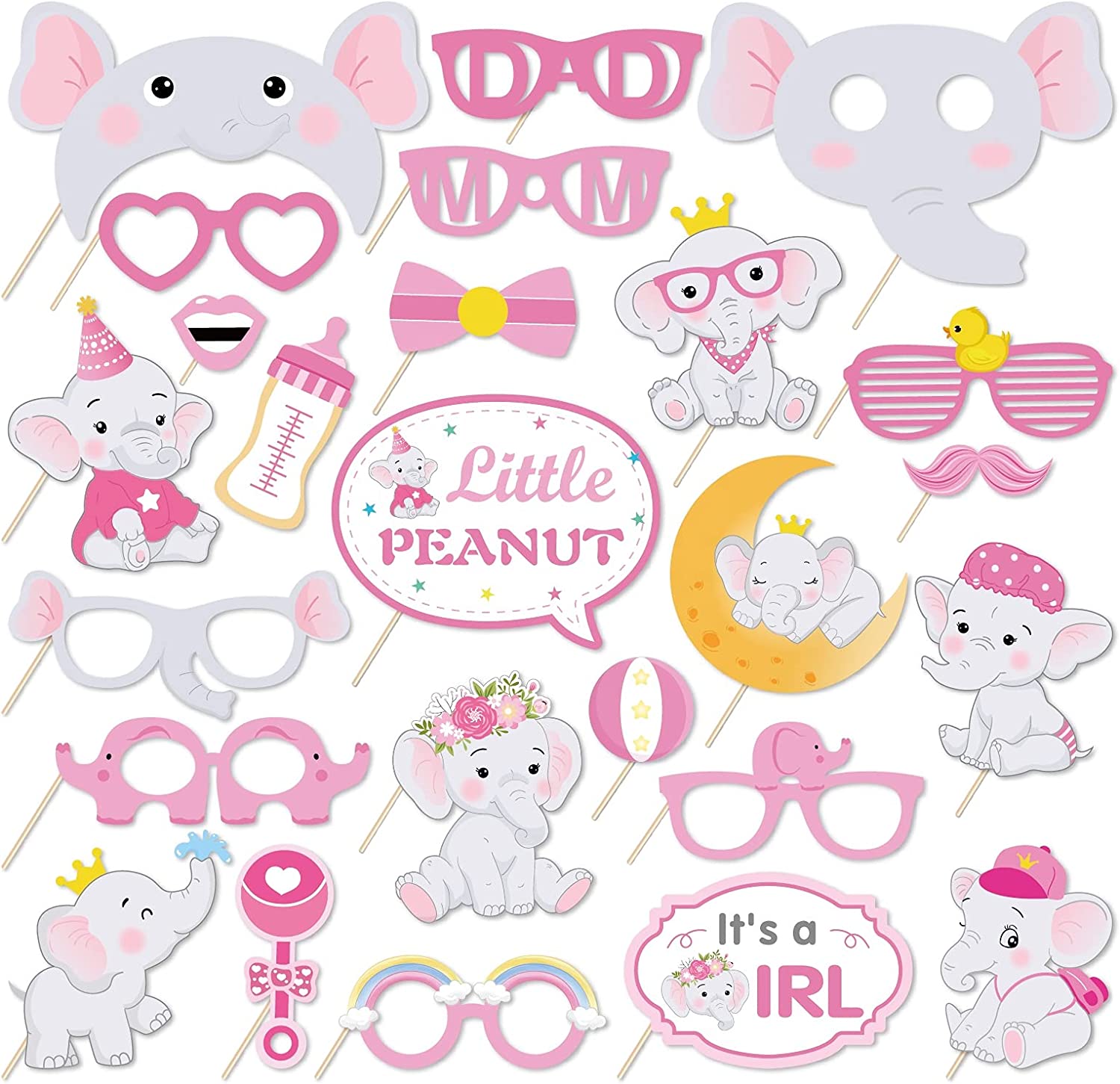 25Pcs Pink Elephant Photo Booth Props Little Peanut Theme Selfie