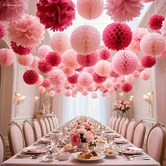 25Pcs Pink Paper Pom Poms & Honeycomb Flower Balls, Tissue Paper Flowers Decorations for Wall Hanging Centerpieces, Pink and White Party Decorations for Wedding Baby Shower Bridal Shower Prom