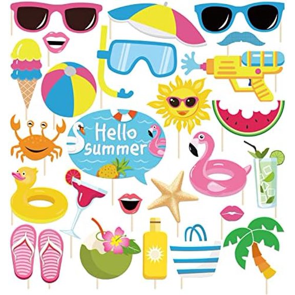 25Pcs Pool Photo Booth Props with Stick, Beach Summer Pool Party Decorations, Hawaiian Party Decorations Funny Selfie Photo Booth Props for Summer Hawaii Party Birthday