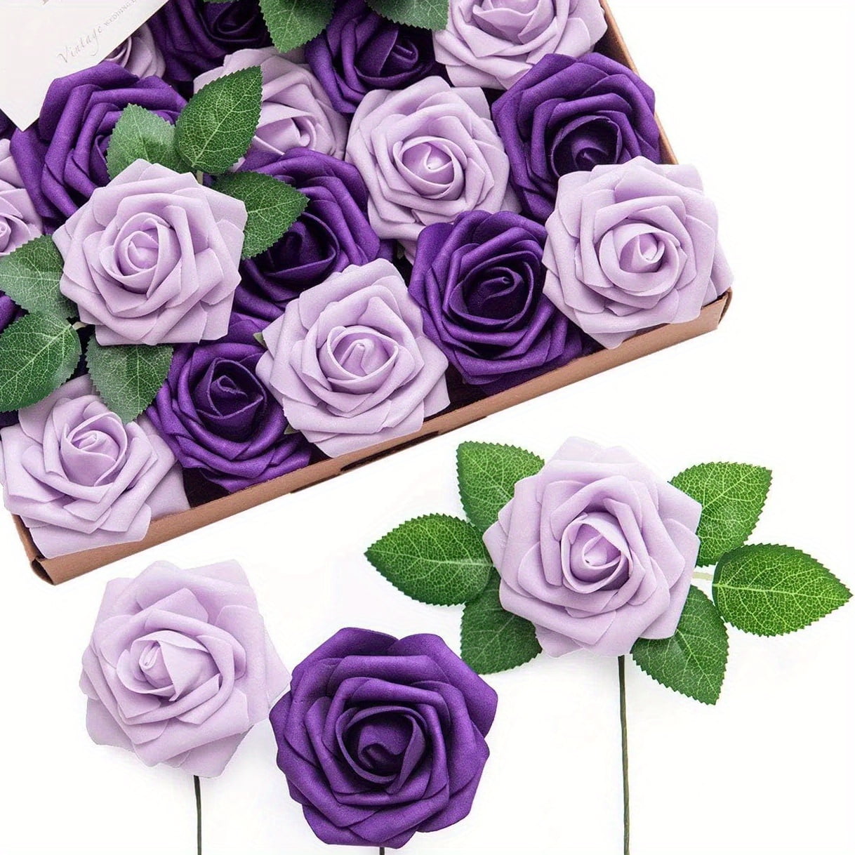 25Pcs Real Touch Lilac Purple Roses - Artificial Flowers w/Stems, 8cm ...