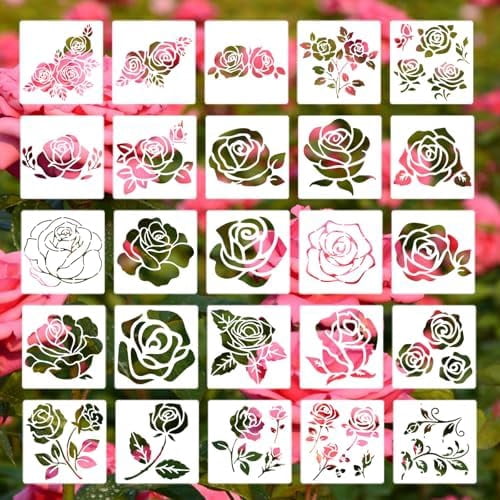 25Pcs Rose Flower Stencils, 6 x 6 inch Reusable Rose Stencils for ...