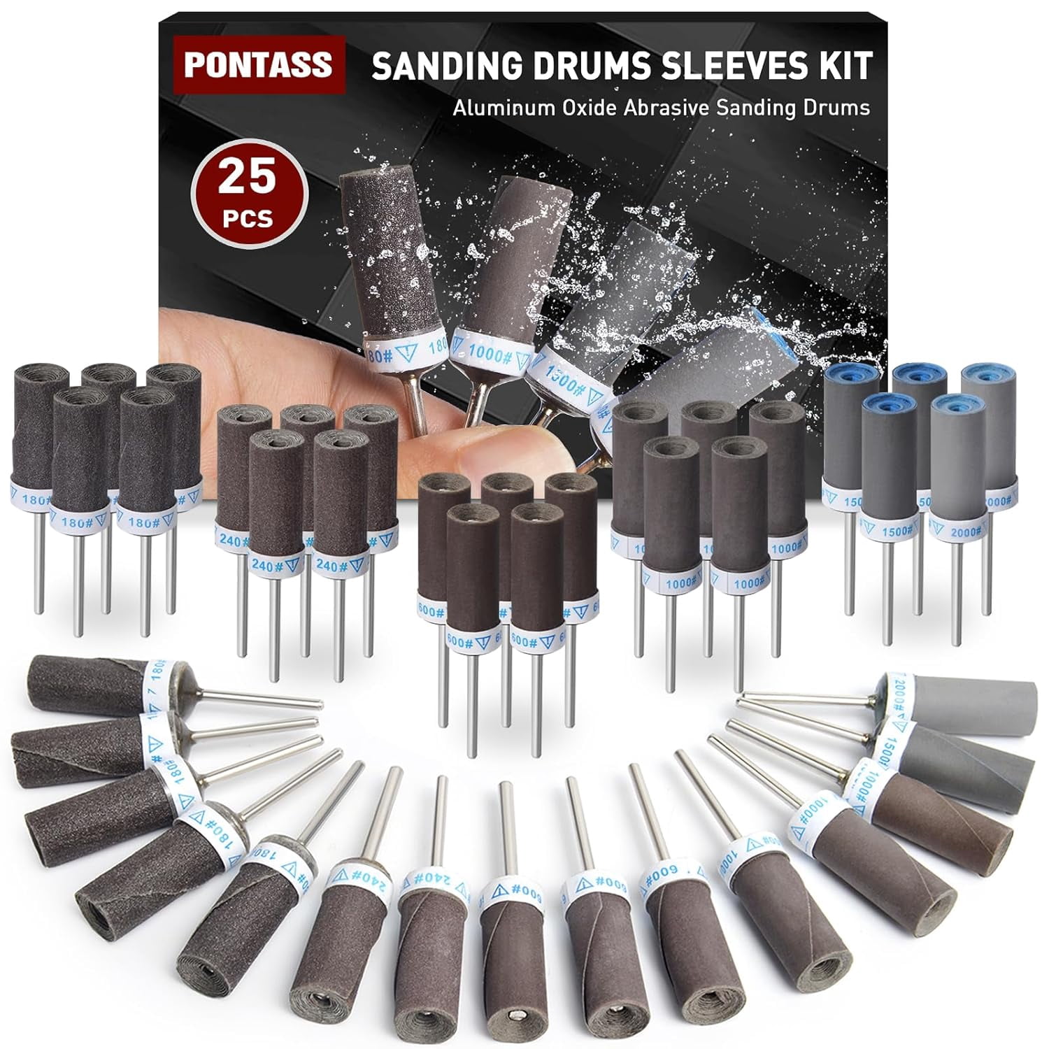 25Pcs Sanding Drums Sandpaper Sticks Set with 1/8"(3mm) Shank for Dremel Rotary Tool 180/240/600/1000/1500/2000 Grits Different Meet More Needs Metal Rust Removal/Jade Polishing/Stone Grinding