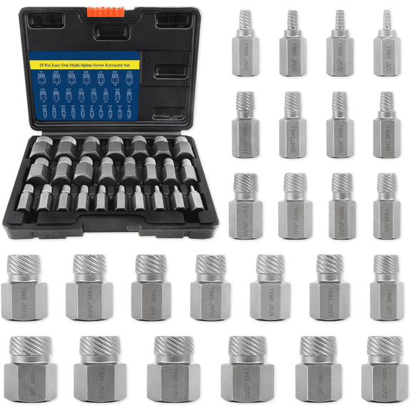 25Pcs Screw Extractor Set, Heavy Duty Bolt Extractor Set, Hex Head, CR-MO Steel, Multi-Spline Stripped Screw Extractor for Damaged Bolts, Screws and Studs