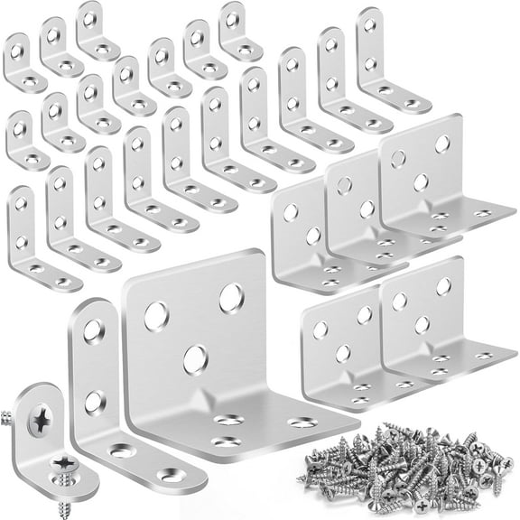 25Pcs Silver L Brackets for Shelves, 3 Sizes Angle Corner Braces Metal L Bracket Heavy Duty for Wood, Sturdy and Rustproof for Repairing Furniture with 82Pcs Screws Mounting Bracket Easily
