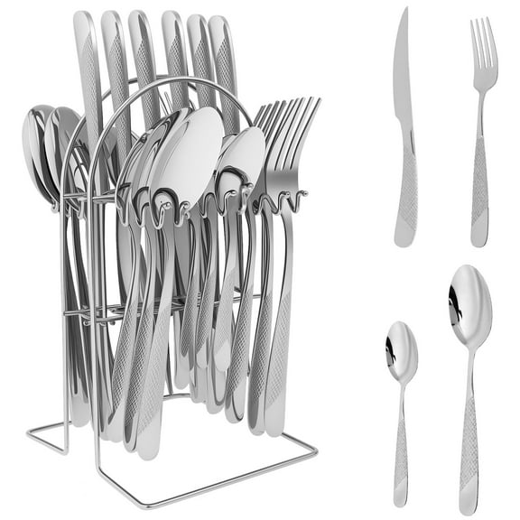 Xiyztok 25Pcs Silverware Set with Holder Stainless Steel Hanging Flatware with Nonslip Handles Practical Cutlery Kit for Home Kitchen Gathering Party