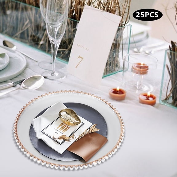 Elegant Rose Gold Beaded Clear Charger Plates  Set of 25 for Dining Events