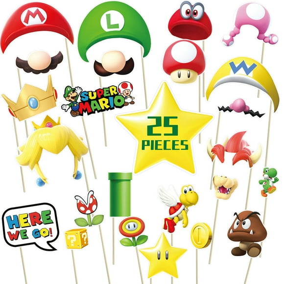 25Pcs Super Bros Party Photo Booth Props with Stick,Super Bros Selfie Props,Super Bros Themed Birthday Party Supplies,Super Bros Themed Backdrop Decorations
