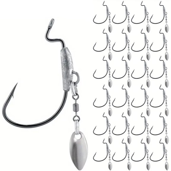 25Pcs Underspin Weighted Swimbait Hooks Spinner Blades Bass Worm Fishing Hooks