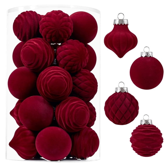 25Pcs Velvet Shatterproof Christmas Ball Ornaments Set, Burgundy Textured Christmas Tree Decorations, Flocked Vintage Decorative Hanging Ornaments for Xmas Tree Holiday Winter Decor