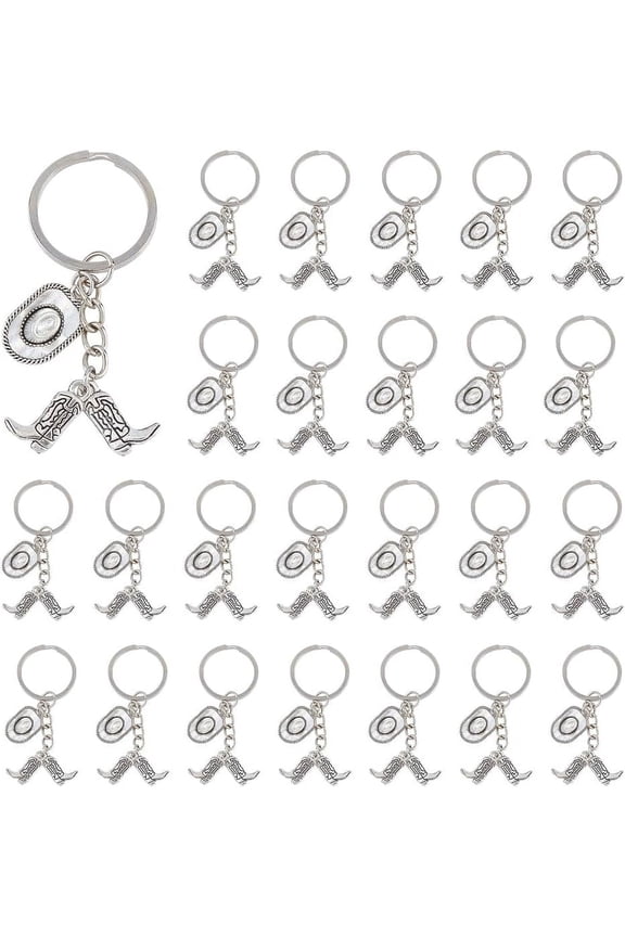 25Pcs Western Cowboy Keychain 73mm Western and Hat Key Ring Silver and Platinum Alloy Pendant with Iron Ring and Chain for Purse Handbags Decoration Gift colorful