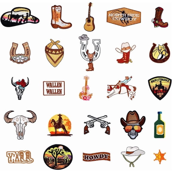 25Pcs Western Iron On Patches Cowboy Cowgirls Polyester Embroidered Patch Sew on Appliques Stick On Patch Costume Accessories