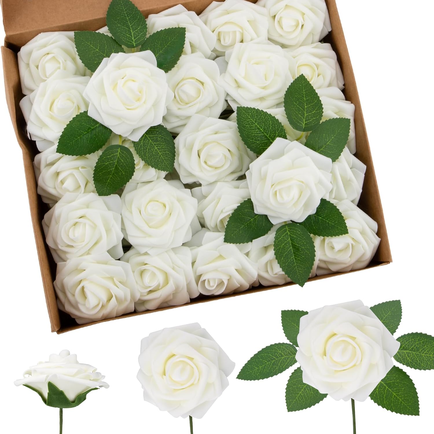 25Pcs White Artificial Roses Faux Flowers Bulk with Stems, Foam Fake