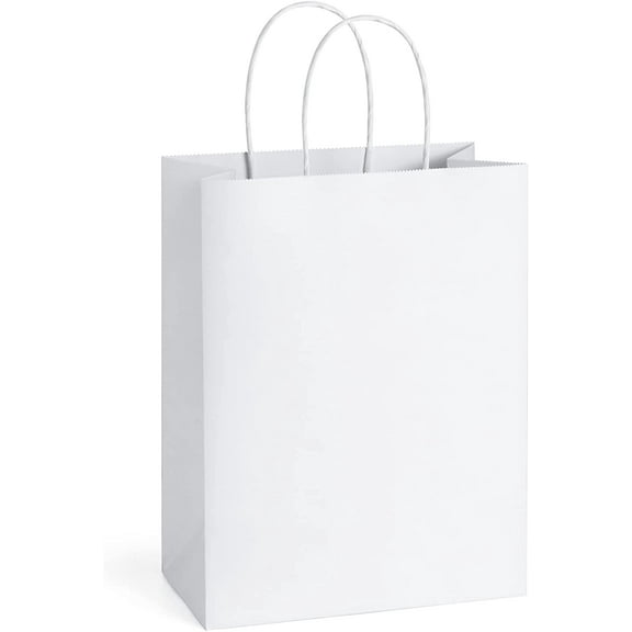 25Pcs White Gift Bags 8x4.25x10.5 Kraft Paper for Gifts, Shopping Retail Merchandise Grocery Sacks, White Paper Bags with Handles Bulk Medium