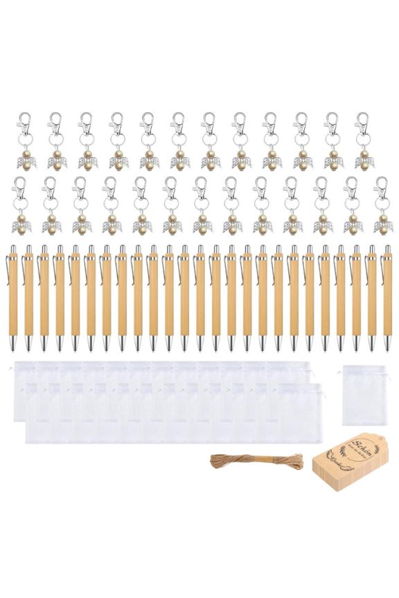 25Pcs Wood Ballpoint Pen Set With Winged Keychain Office School Supplies