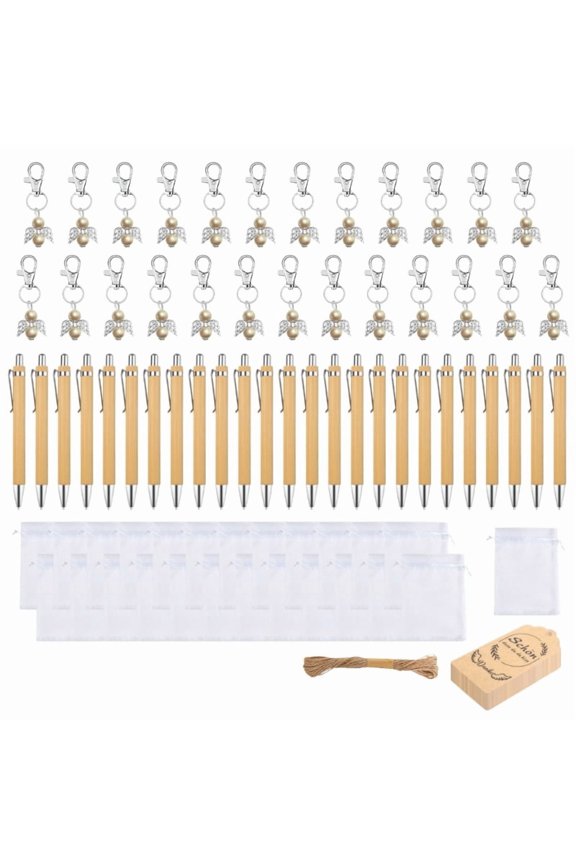 25Pcs Wood Ballpoint Pen With Angel Charm Keychains Hanging Label and Drawstring Bag for Wedding Baby Showers Supplies