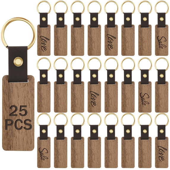 25Pcs Wooden Keychain Blanks DIY Blank Wood Keychains with Leather Straps Walnut Wood Keyring Blanks Unfinished Wooden Keychains for Engraving Key Tags Wood Crafts for DIY Key Chains 6.5x2.8cm