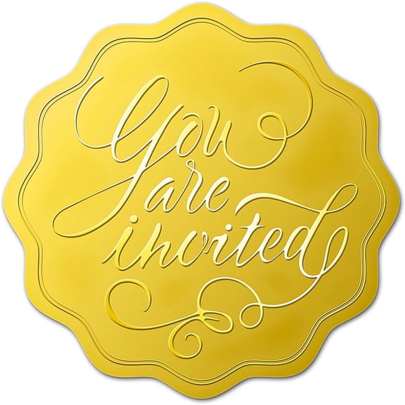25Pcs "You are Invited" Pattern Embossed Seals Round Self Adhesive Gold Foil Embossed Stickers for Invitations Party Favors Decor